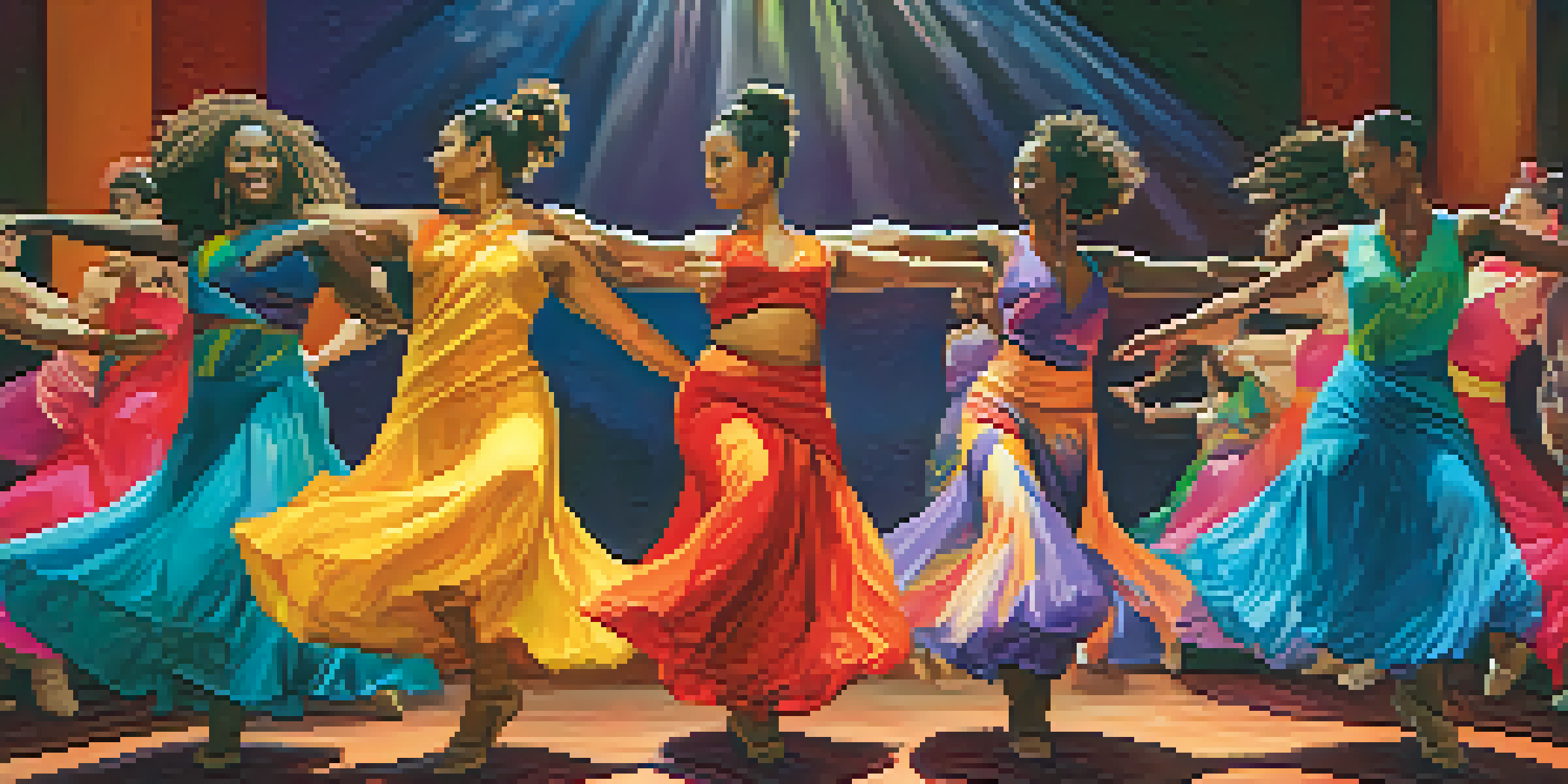 A diverse group of dancers of different body types and ethnic backgrounds performing together on stage, showcasing vibrant costumes and movements.