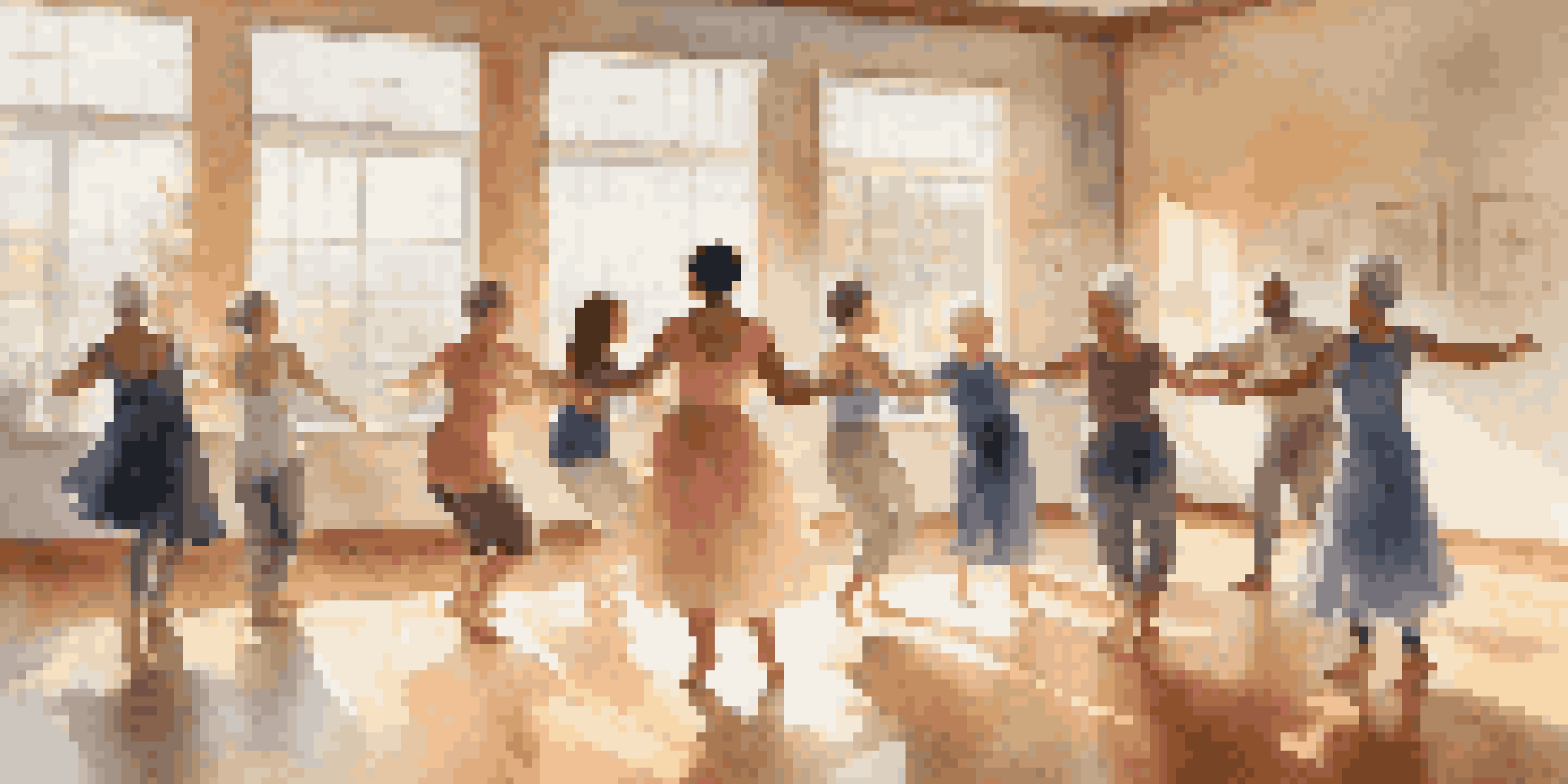 A diverse group of individuals participating in a dance therapy session in a bright studio, moving together in harmony to calming music.