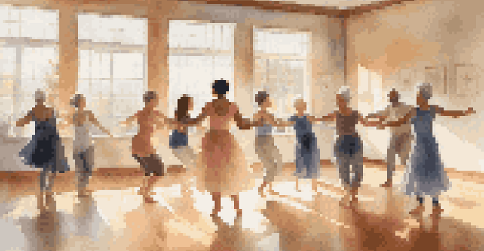 A diverse group of individuals participating in a dance therapy session in a bright studio, moving together in harmony to calming music.