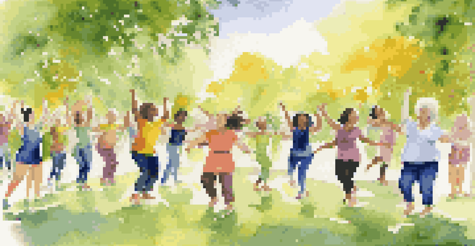 A diverse group of individuals in a dance therapy session outdoors in a park, joyfully engaging in movement and connection.