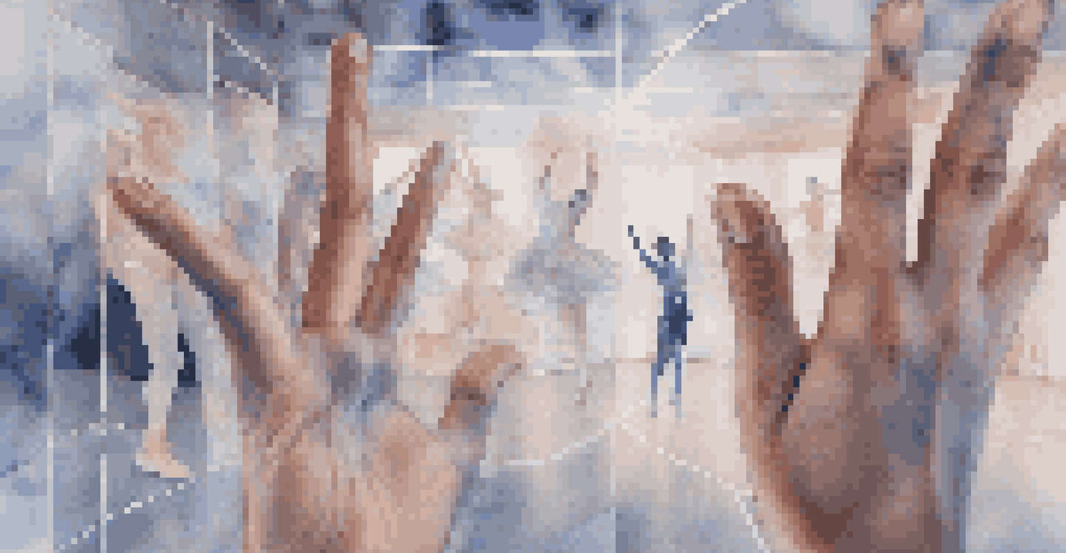 Close-up of a dancer's hands engaging with an augmented reality interface in a dance studio, with holographic images floating around.