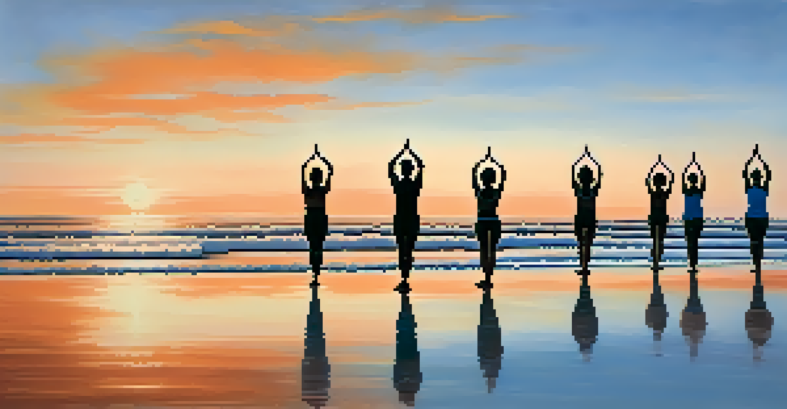 People practicing yoga on a beach at sunrise, highlighting the peaceful connection between rhythm and nature.