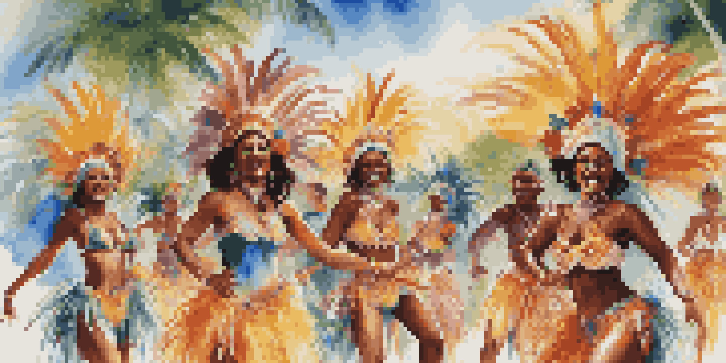 A lively scene of dancers in bright, colorful costumes celebrating at a Caribbean Carnival, surrounded by palm trees and a clear blue sky.