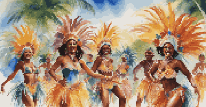 A lively scene of dancers in bright, colorful costumes celebrating at a Caribbean Carnival, surrounded by palm trees and a clear blue sky.