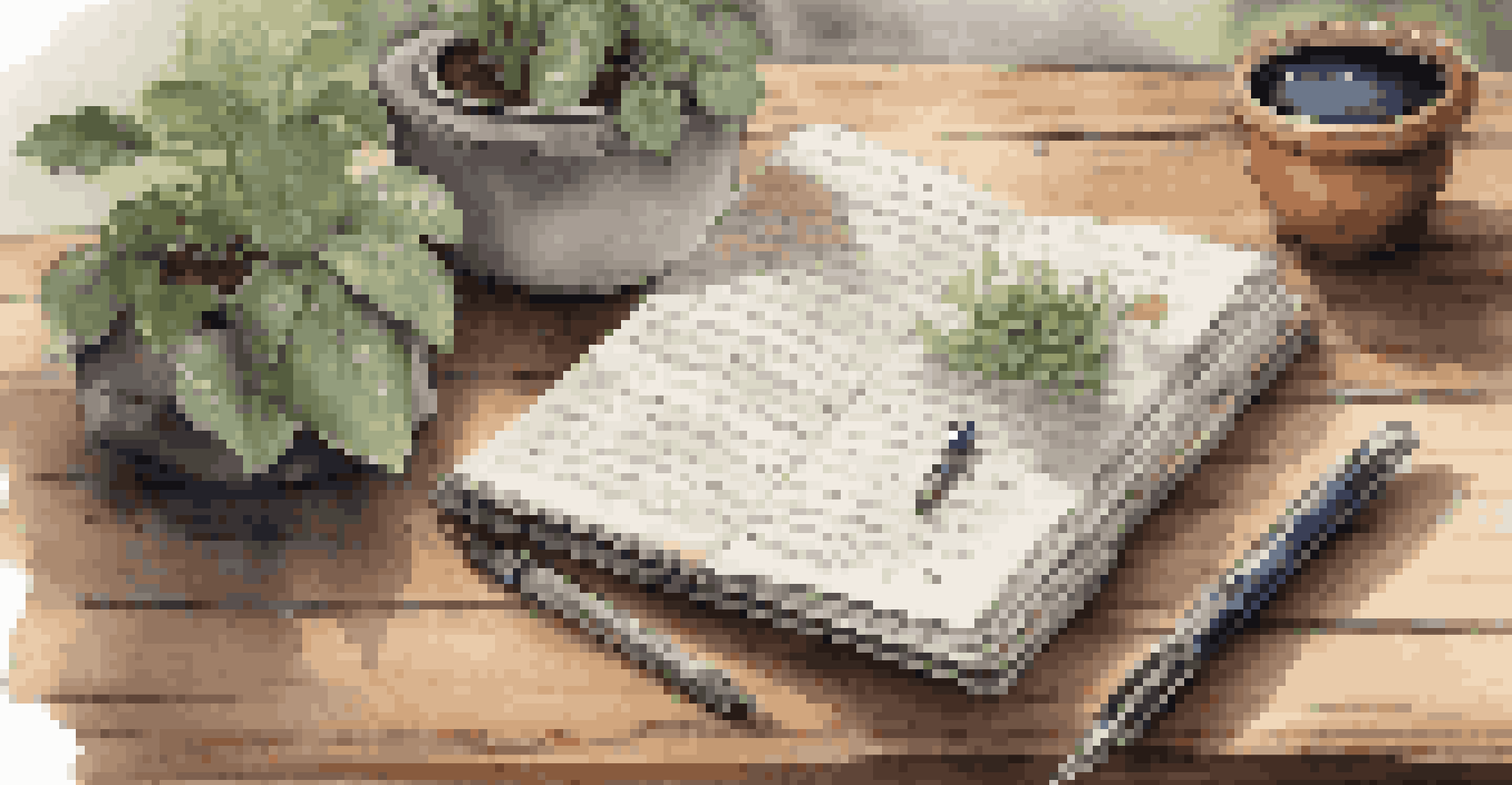 An open journal with notes and a pen on a wooden table, with a potted plant in the background.