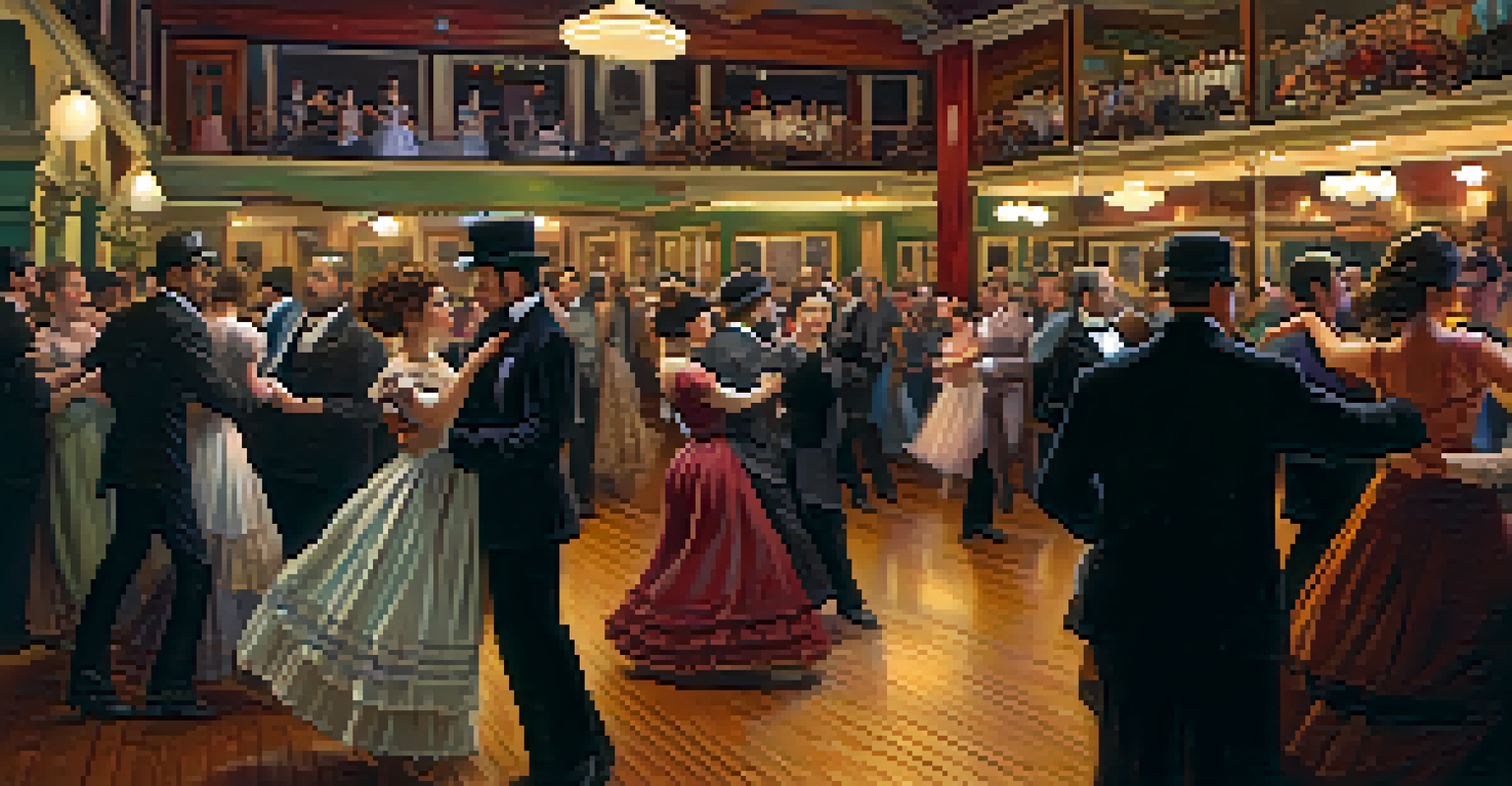 A lively Victorian dance hall with diverse groups of people dancing and enjoying the music.