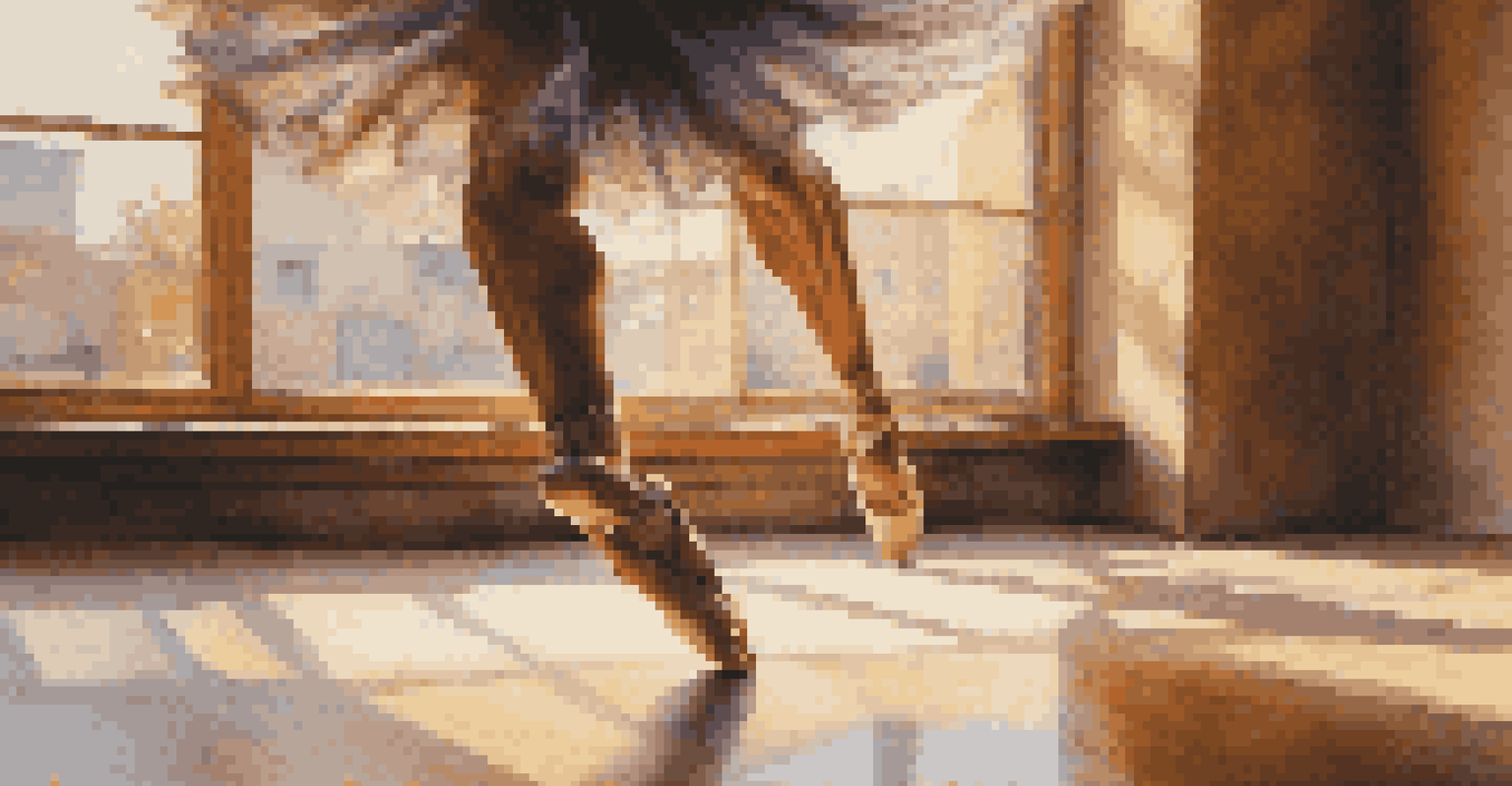 A close-up of a dancer's feet in mid-air during a leap, with colorful cultural patterns on the floor and warm light creating soft shadows.