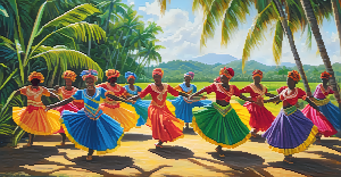 A group of dancers in colorful costumes performing the Caribbean 'Bélé' dance amidst sugar cane fields, with warm sunlight filtering through the leaves.