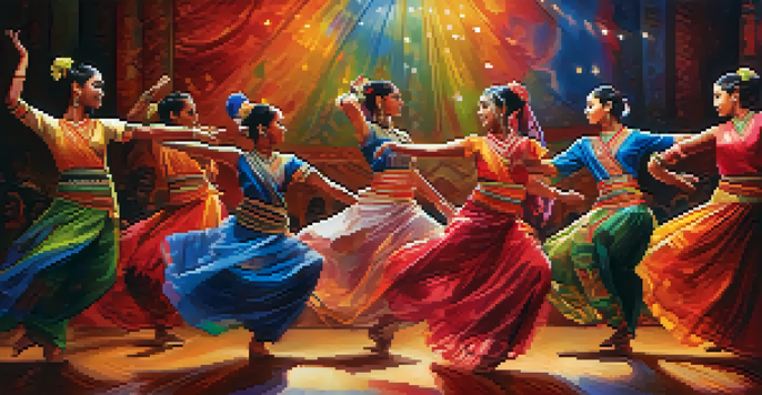 A diverse group of dancers performing a vibrant fusion of traditional and modern dance styles on stage, with colorful lighting and cultural motifs in the background.