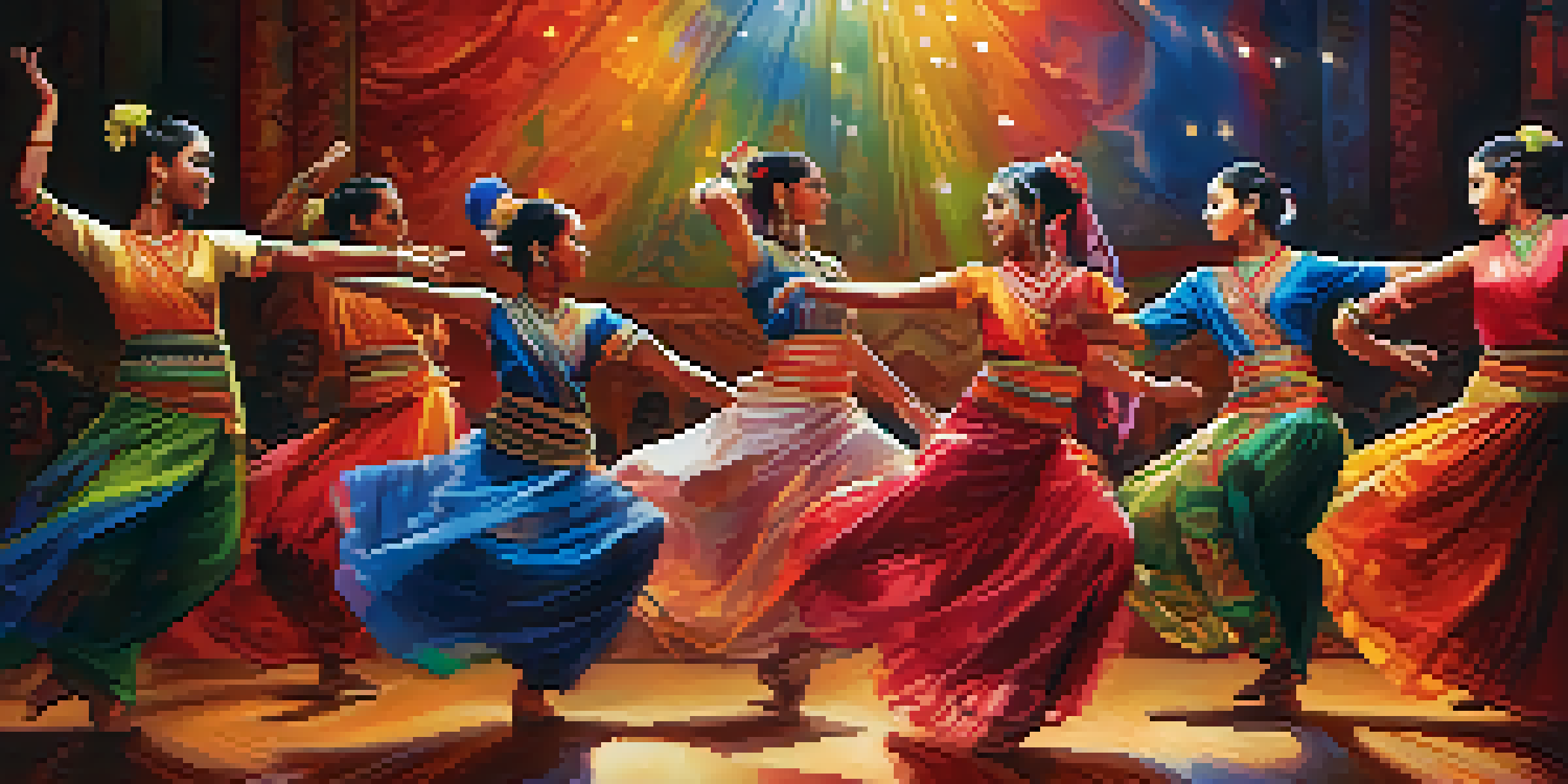 A diverse group of dancers performing a vibrant fusion of traditional and modern dance styles on stage, with colorful lighting and cultural motifs in the background.