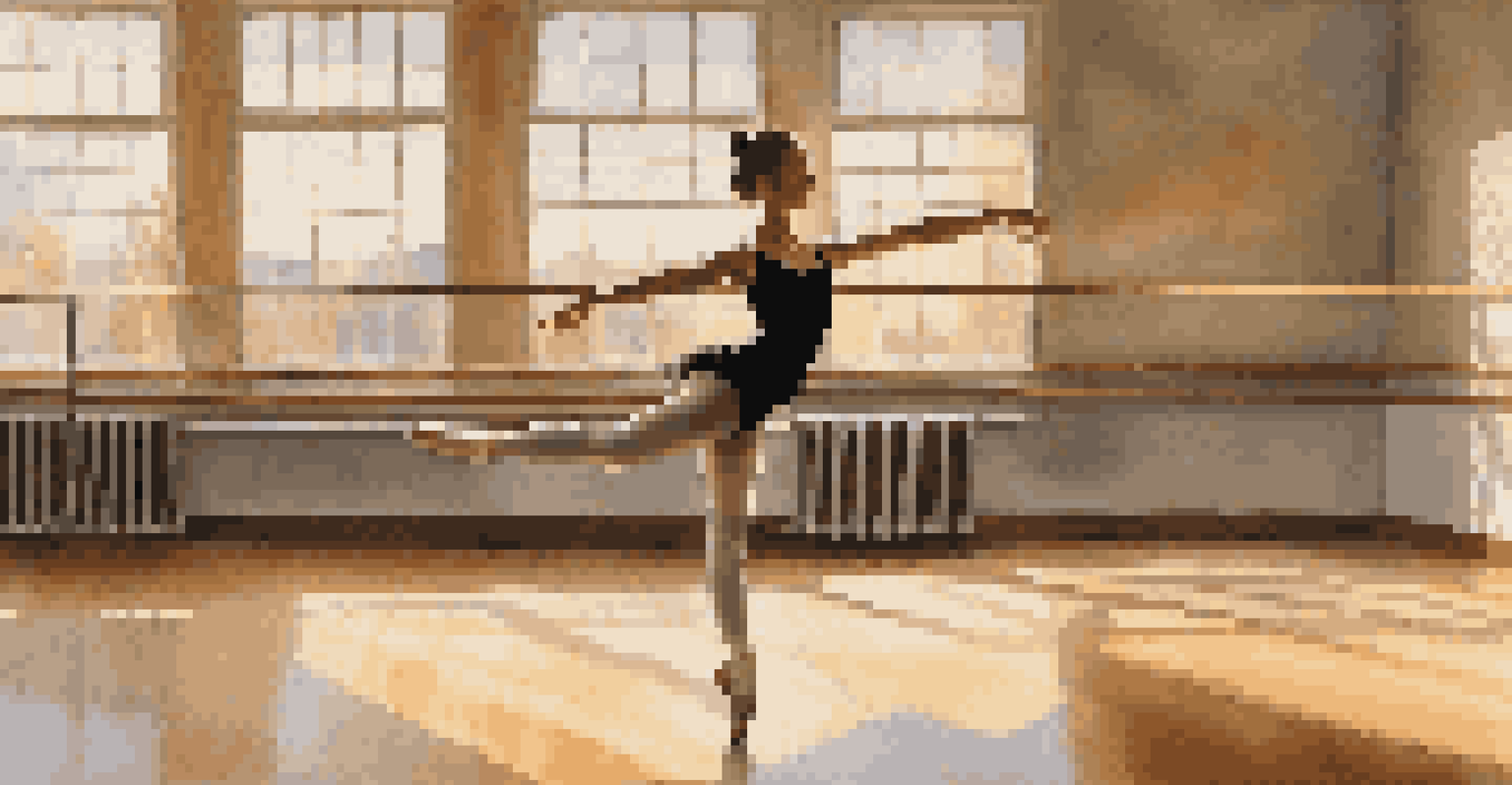 A teenage girl practicing ballet in a sunlit dance studio, displaying focus and determination.