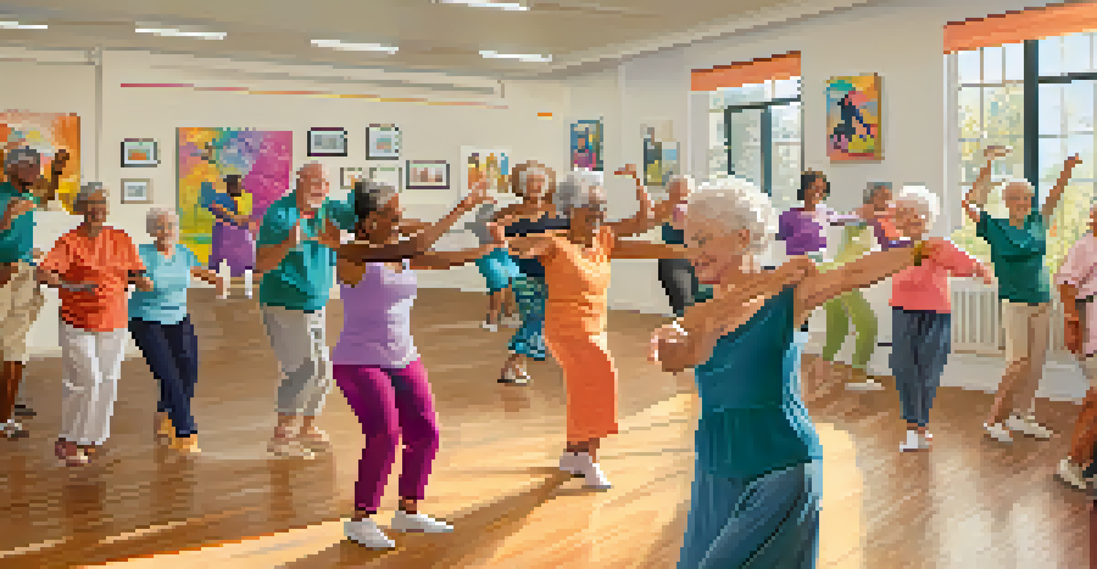 A diverse group of seniors in a dance class, some standing and others seated, all smiling and engaged in a joyful activity.