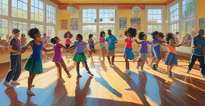 A lively dance class with diverse participants enjoying group dance, illuminated by sunlight in a colorful studio.