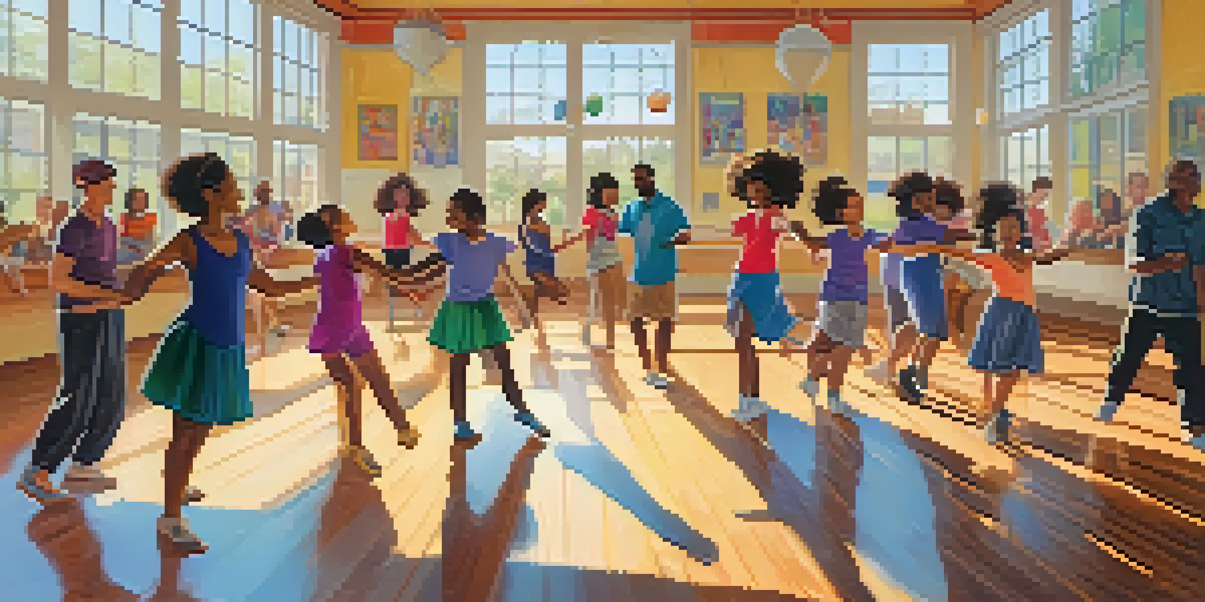A lively dance class with diverse participants enjoying group dance, illuminated by sunlight in a colorful studio.