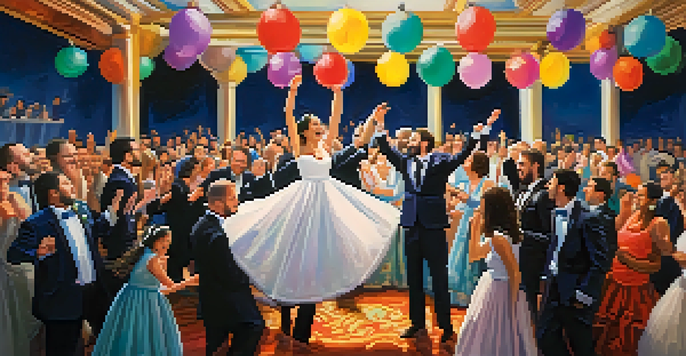 A lively Jewish wedding where guests lift the bride and groom in the Hora dance, surrounded by colorful decorations and joyful expressions.