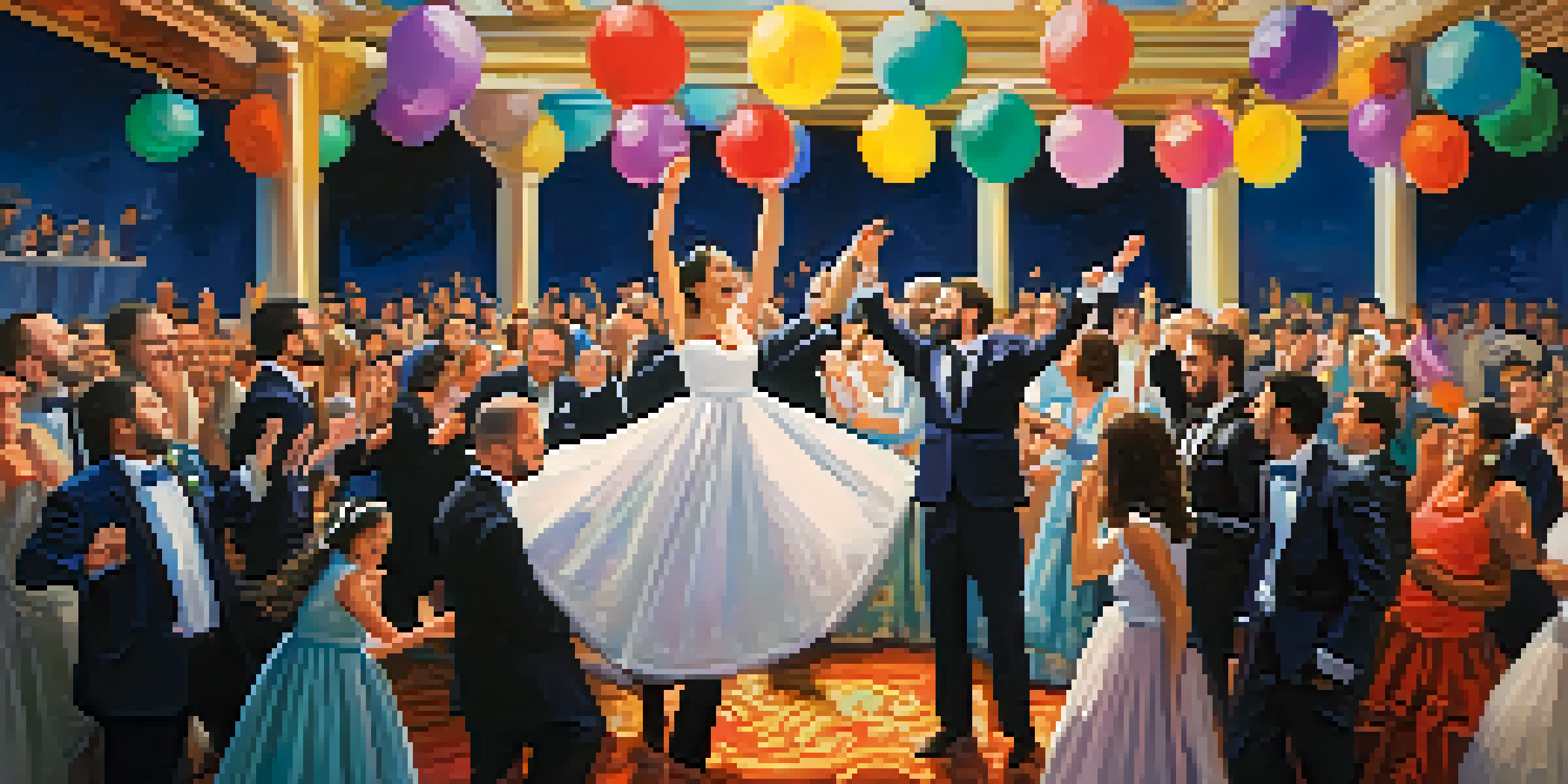 A lively Jewish wedding where guests lift the bride and groom in the Hora dance, surrounded by colorful decorations and joyful expressions.