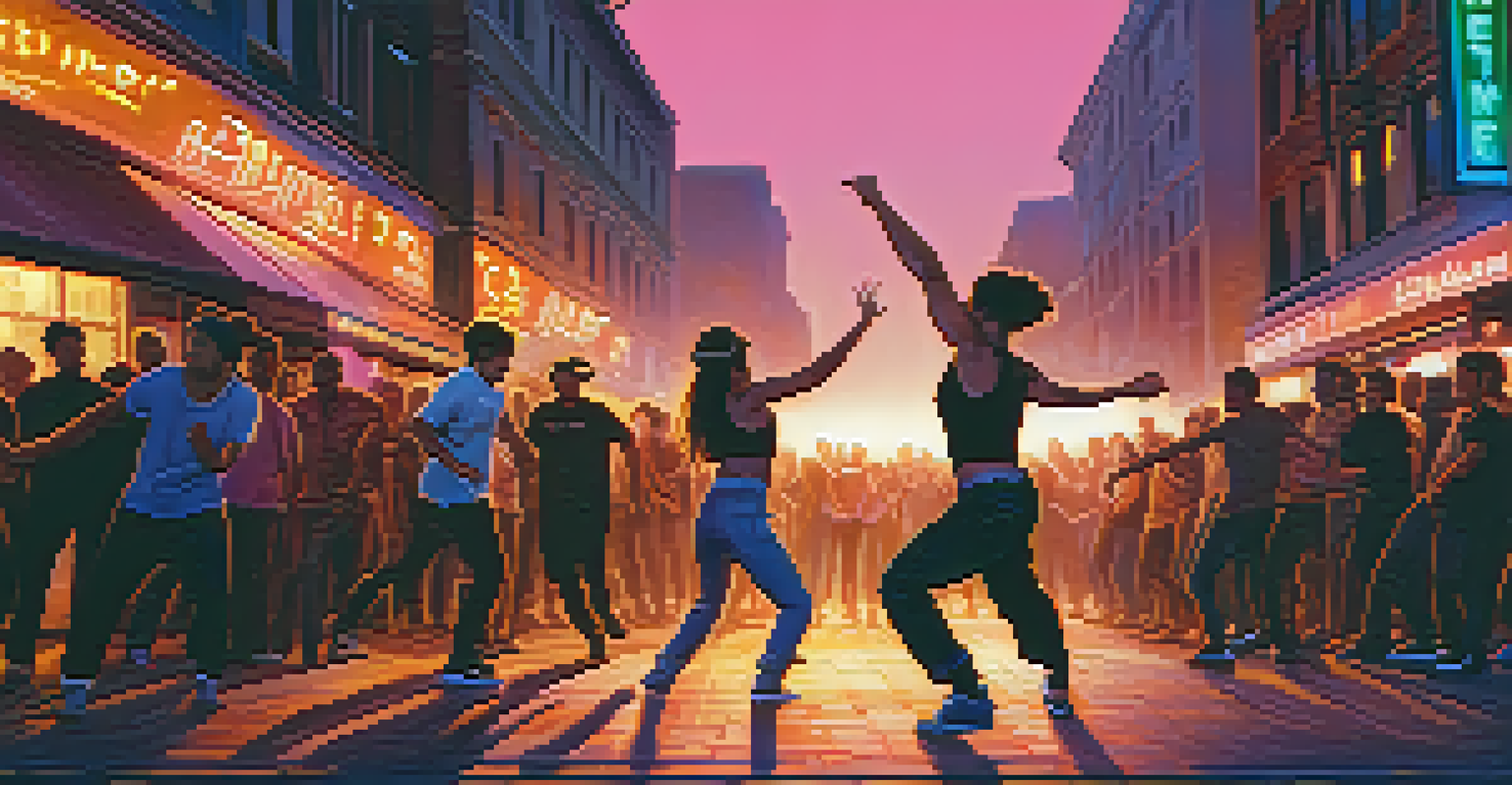 Two dancers engaging in a street dance battle at dusk, surrounded by an enthusiastic crowd and illuminated by neon lights.