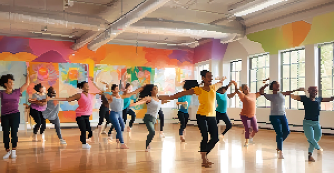 A lively dance studio where diverse individuals are joyfully participating in a dance workshop, surrounded by colorful murals and warm natural lighting.