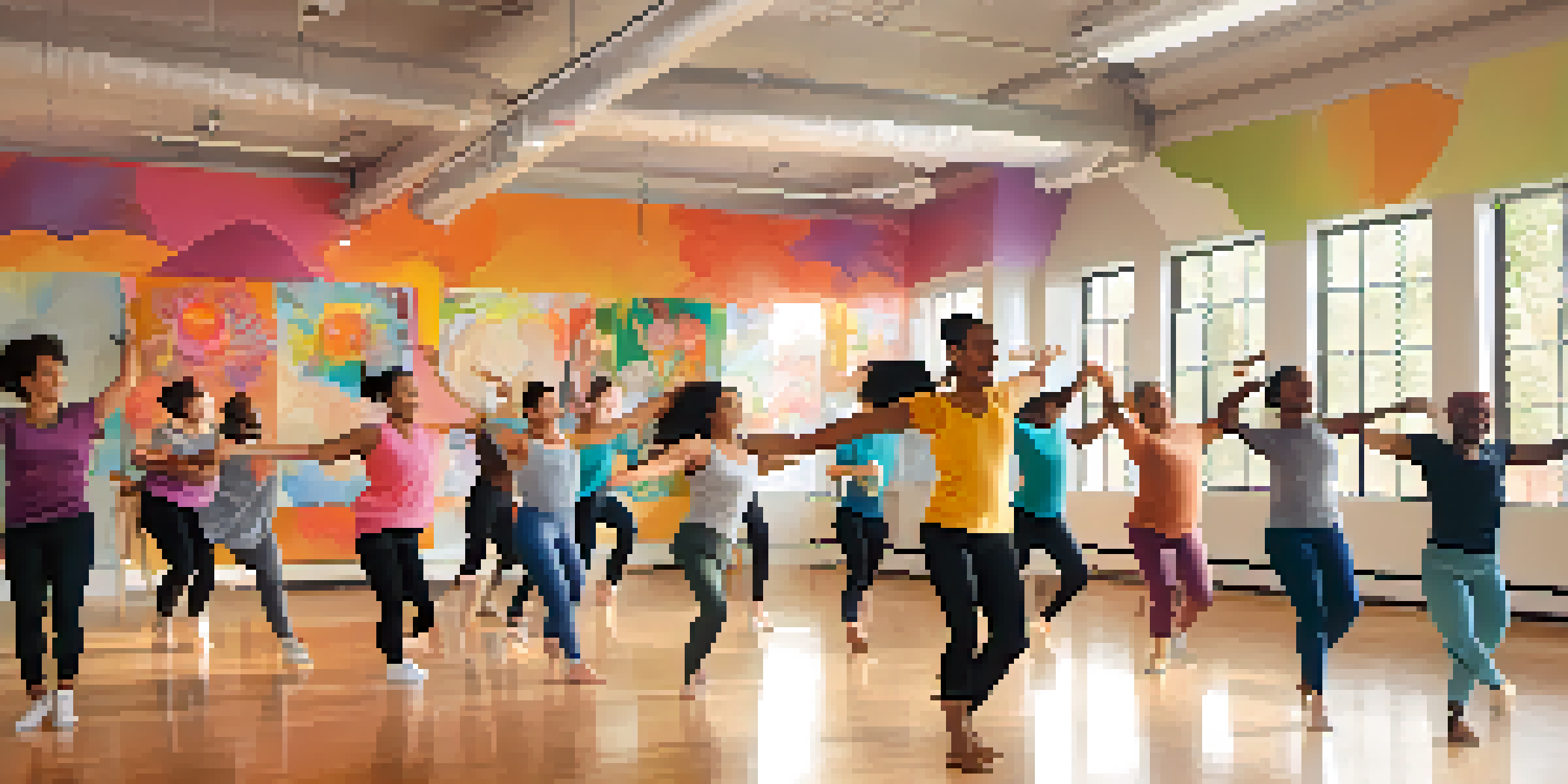 A lively dance studio where diverse individuals are joyfully participating in a dance workshop, surrounded by colorful murals and warm natural lighting.