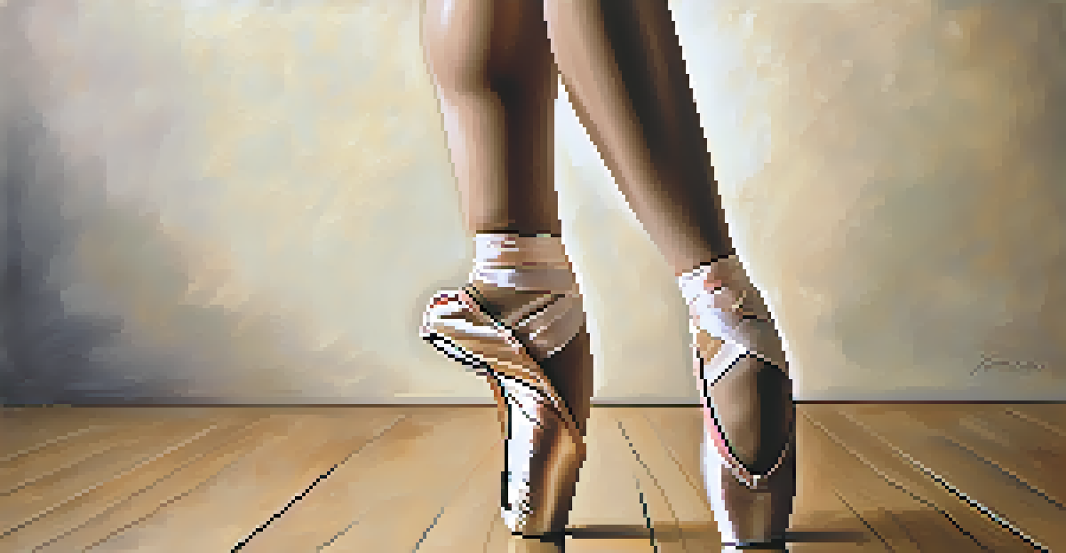 Close-up of a dancer's feet in pointe shoes on a textured wooden floor, showcasing strength and elegance.