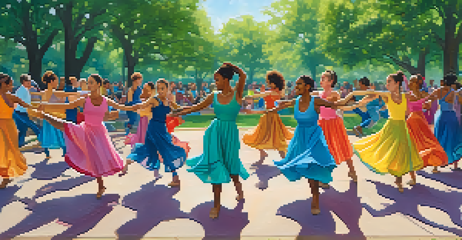 Dancers in colorful clothing engaged in an improvisational exercise in a vibrant park setting.