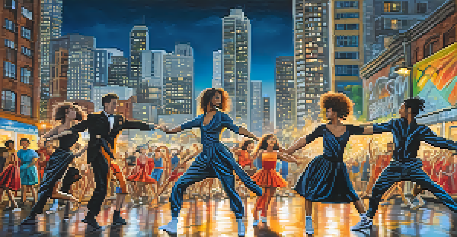 Dancers in recycled costumes performing in an urban setting with a cityscape and graffiti art.