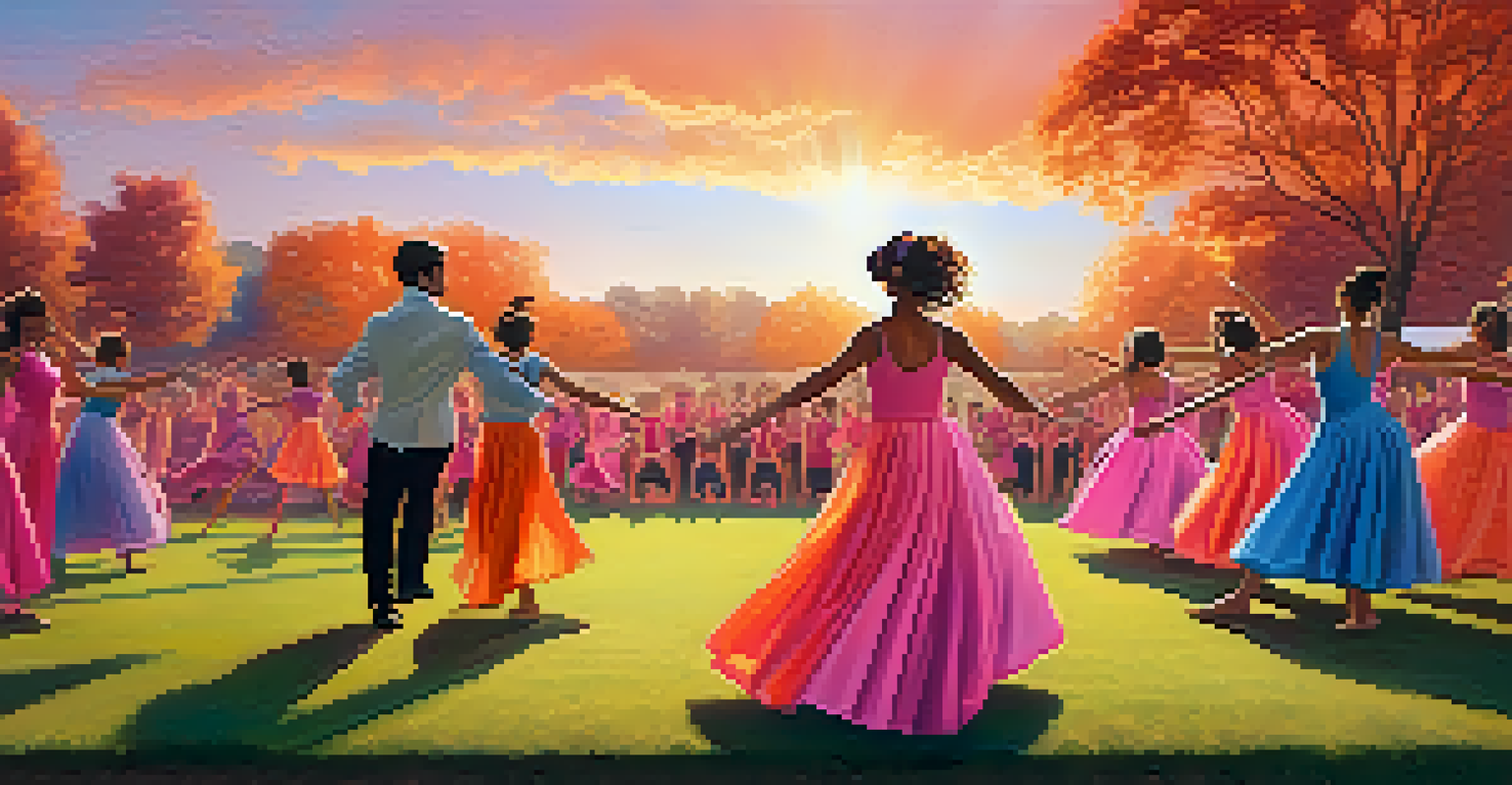 A sunset outdoor dance performance in a park with young dancers and an engaged audience.