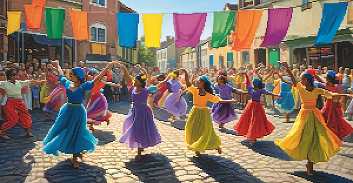 A lively street performance with diverse dancers in colorful costumes and a cheering crowd in a small town square under warm sunlight.