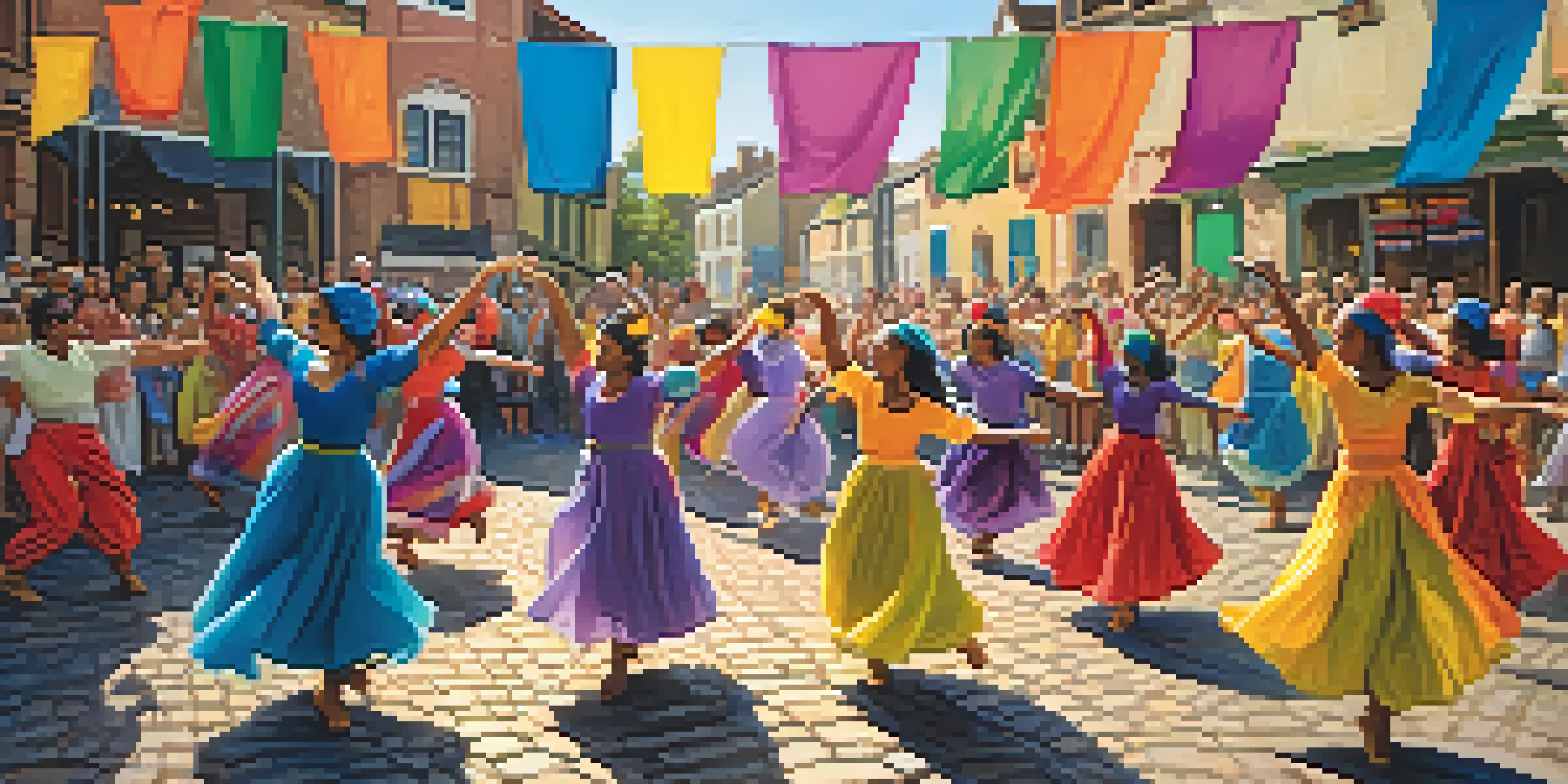 A lively street performance with diverse dancers in colorful costumes and a cheering crowd in a small town square under warm sunlight.