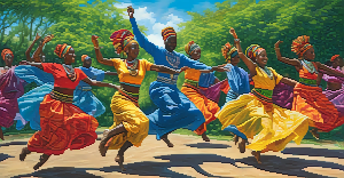 A group of dancers in traditional African attire performing energetically outdoors, surrounded by nature and sunlight.