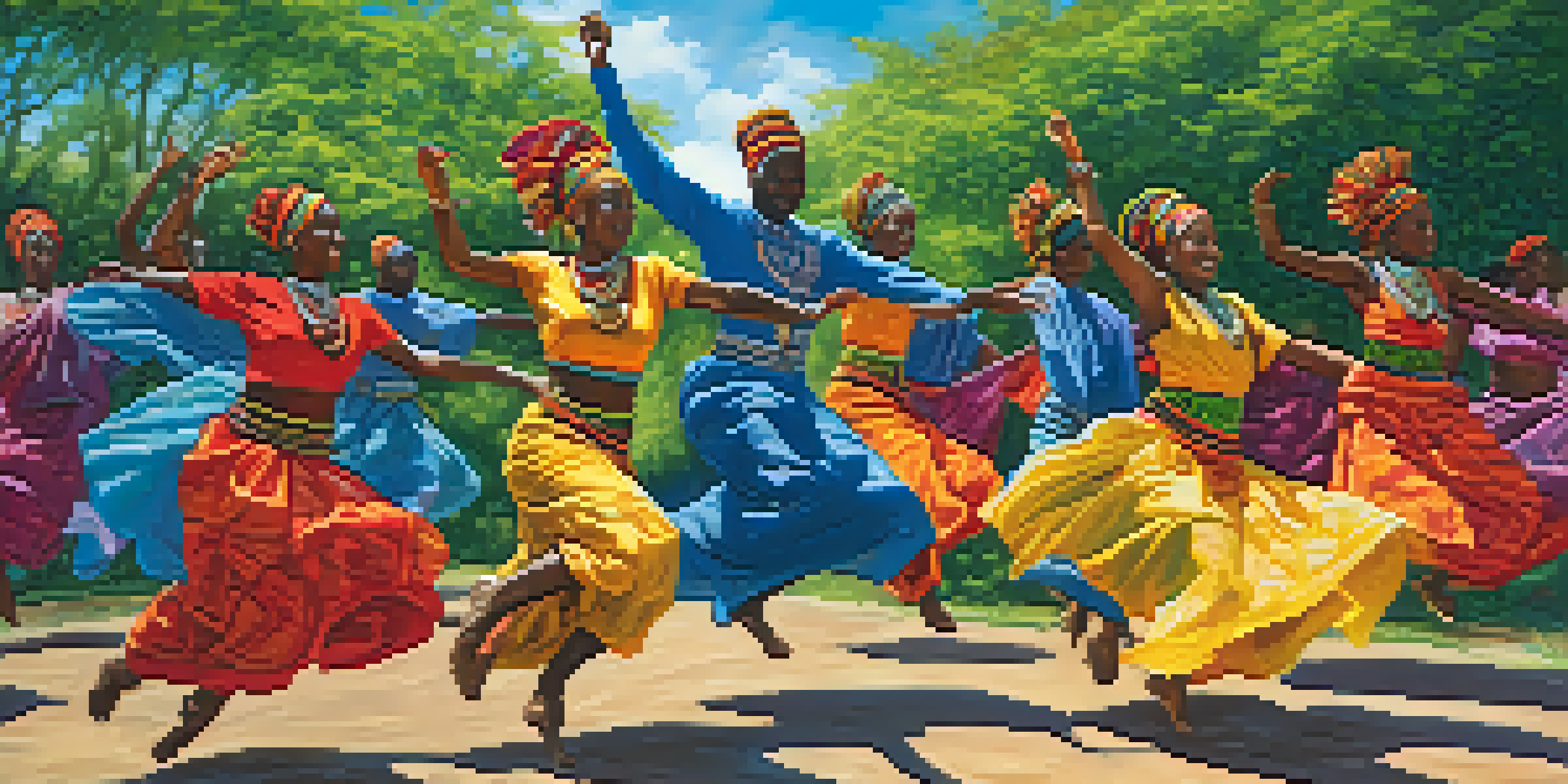 A group of dancers in traditional African attire performing energetically outdoors, surrounded by nature and sunlight.