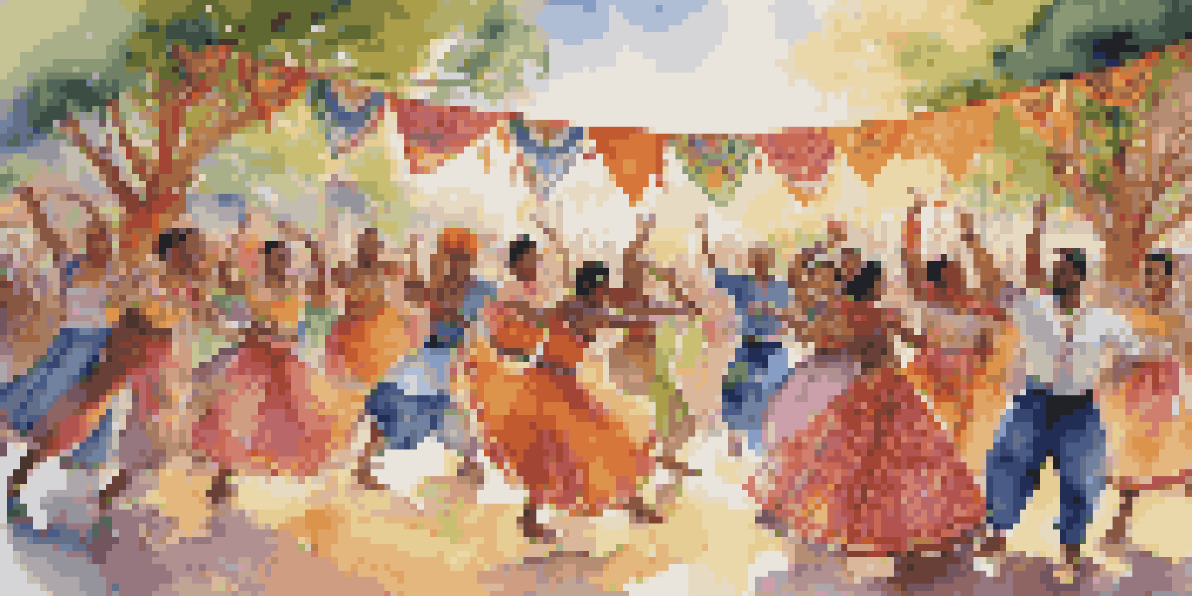A diverse group of dancers in traditional and modern costumes performing at a lively outdoor festival, surrounded by an audience and colorful decorations under warm sunlight.