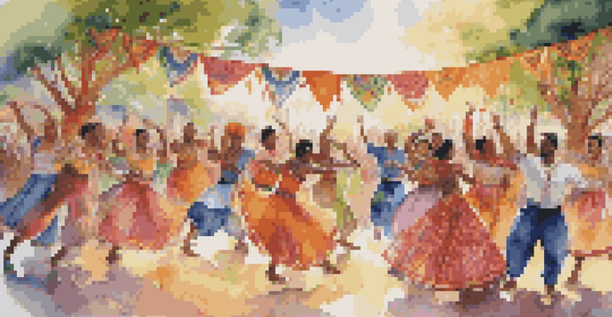 A diverse group of dancers in traditional and modern costumes performing at a lively outdoor festival, surrounded by an audience and colorful decorations under warm sunlight.