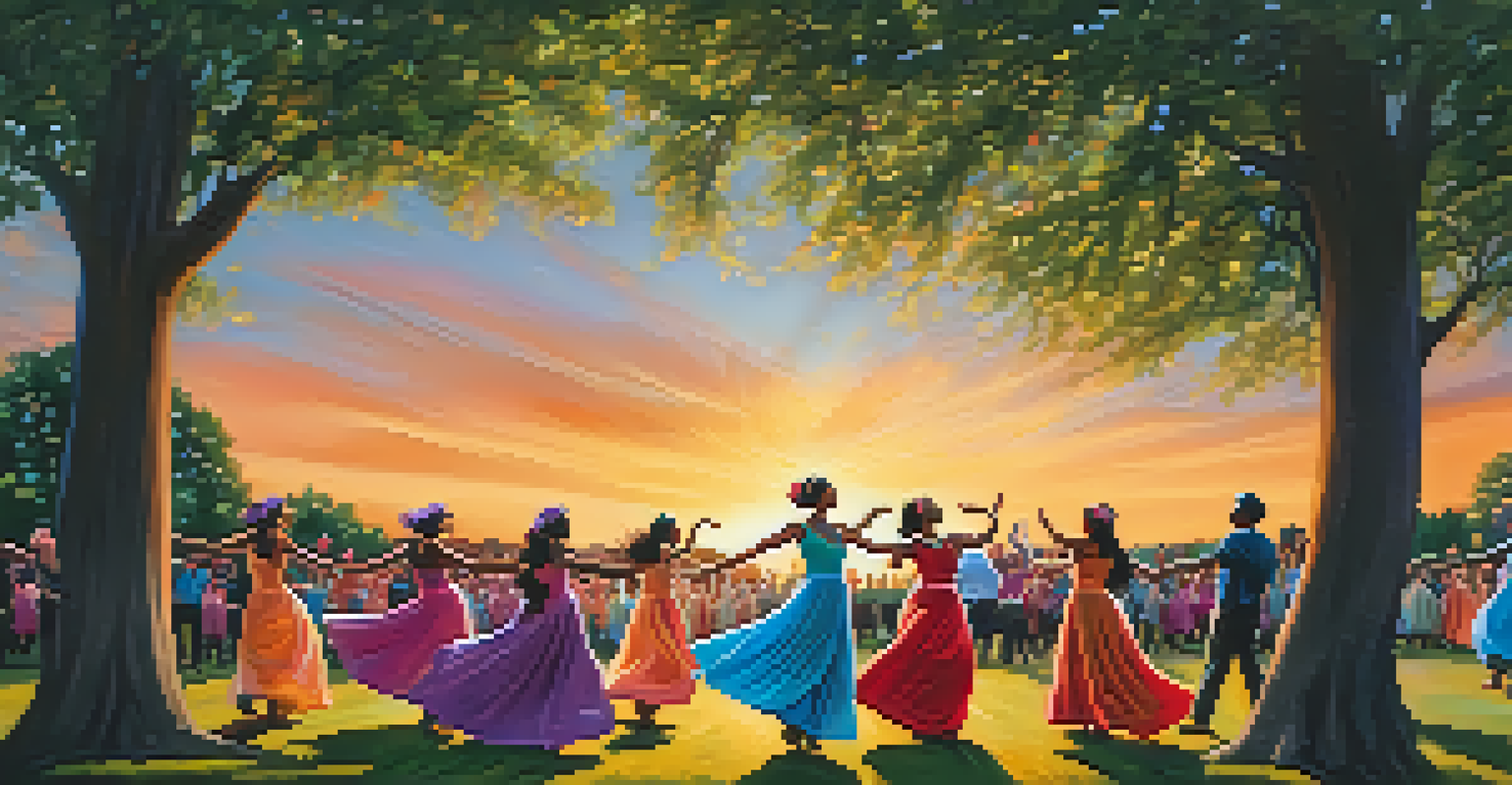 A group of dancers performing outdoors in a park during sunset, surrounded by nature, showcasing resilience and joy.
