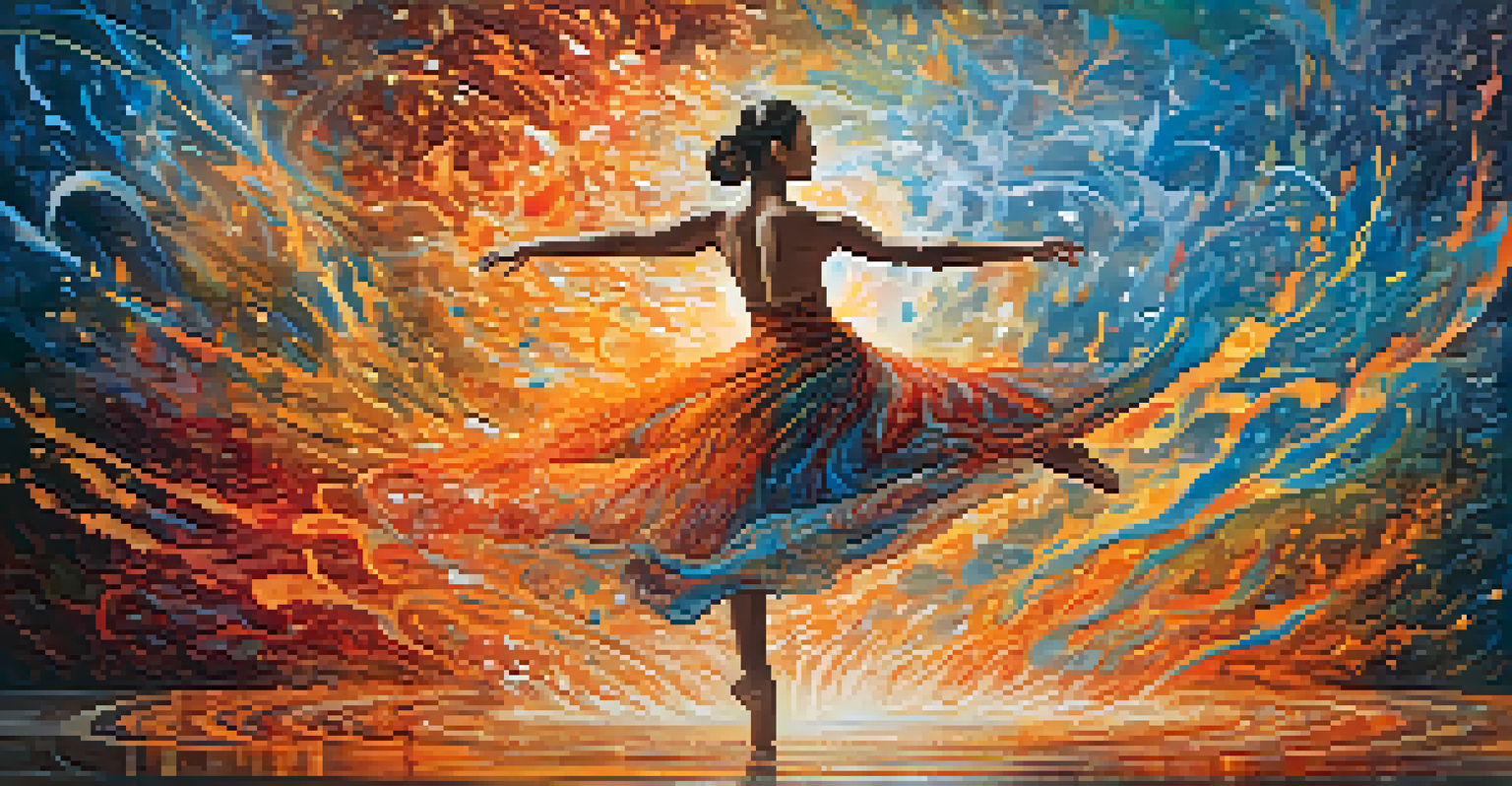 A dancer depicted with swirling elements of water, earth, air, and fire, showcasing the connection between dance and nature.