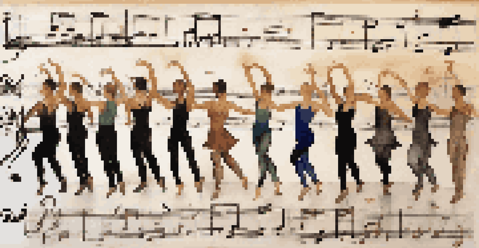 A collage depicting the evolution of dance notation with various dance movements and notation elements.