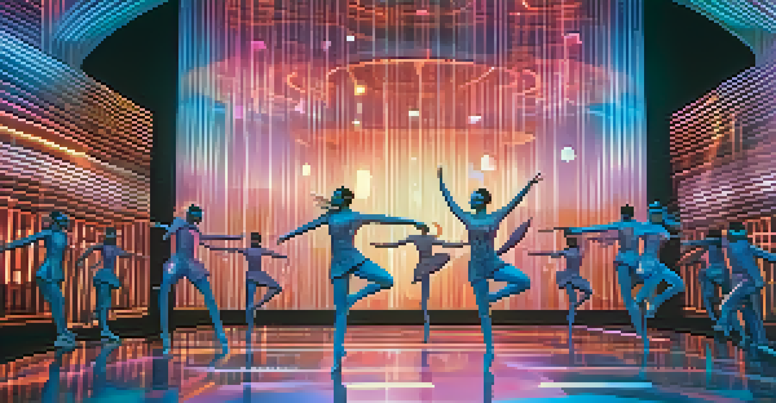 Futuristic dance performance in virtual reality with dancers in high-tech costumes and immersive holographic visuals.