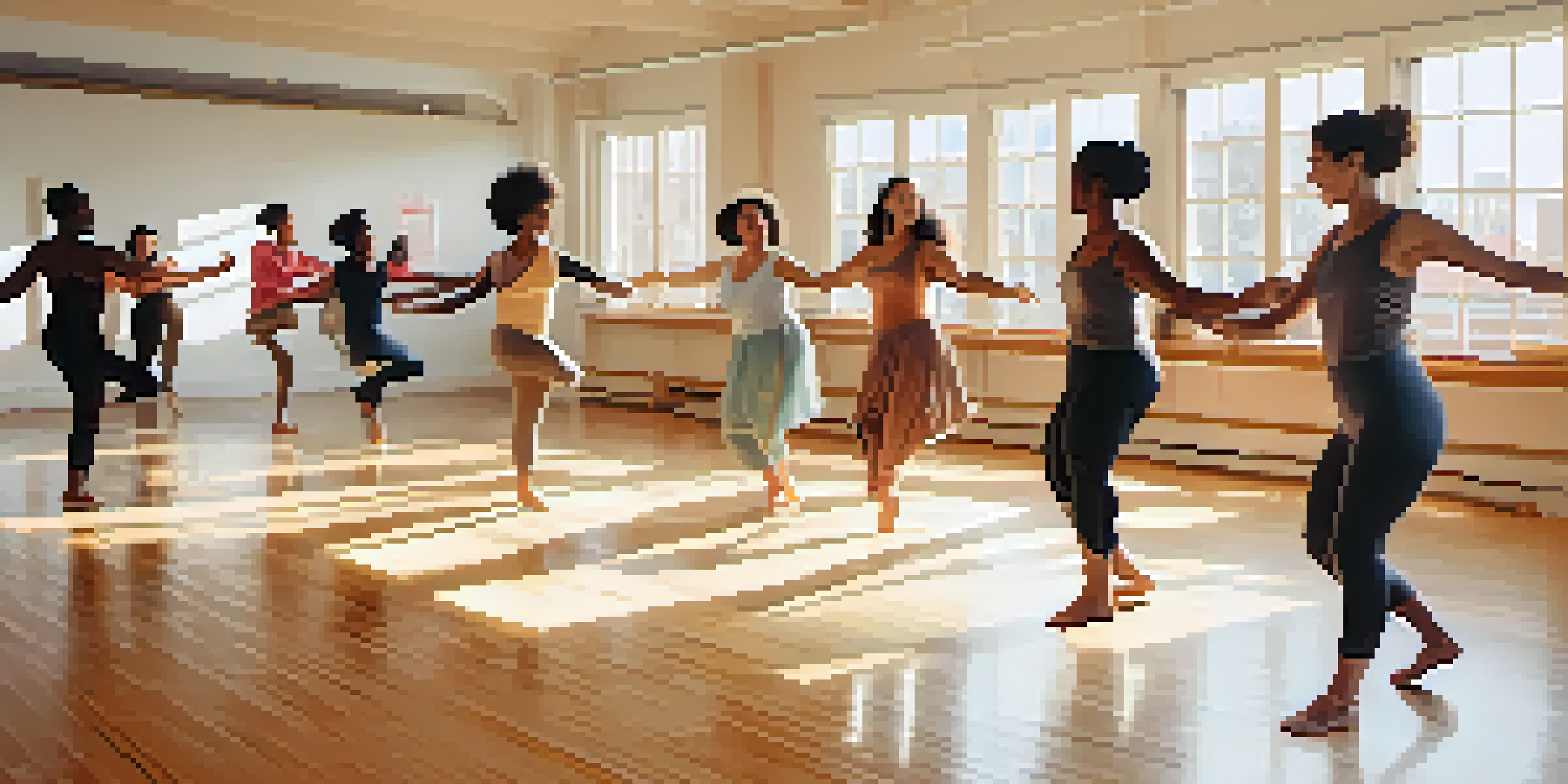 A diverse group of individuals participating in a dance therapy session in a sunlit studio, expressing emotion through movement.