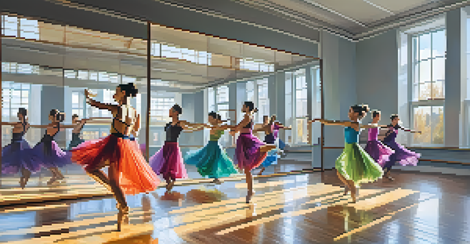A dance studio filled with dancers practicing in colorful outfits, sunlight illuminating the space.