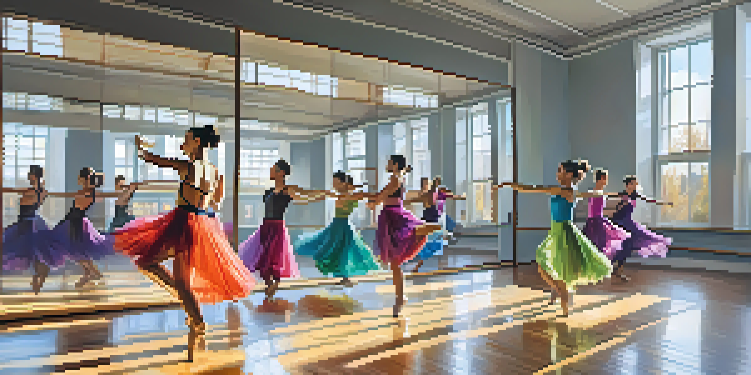 A dance studio filled with dancers practicing in colorful outfits, sunlight illuminating the space.