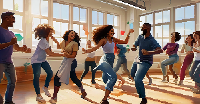 A diverse group of employees participating in a dance workshop in an office, filled with laughter and movement.