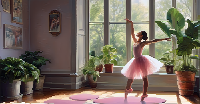 A dancer practicing ballet in a warmly lit room with wooden floors and large windows, wearing a pink tutu and ballet slippers, stretching her arms gracefully.