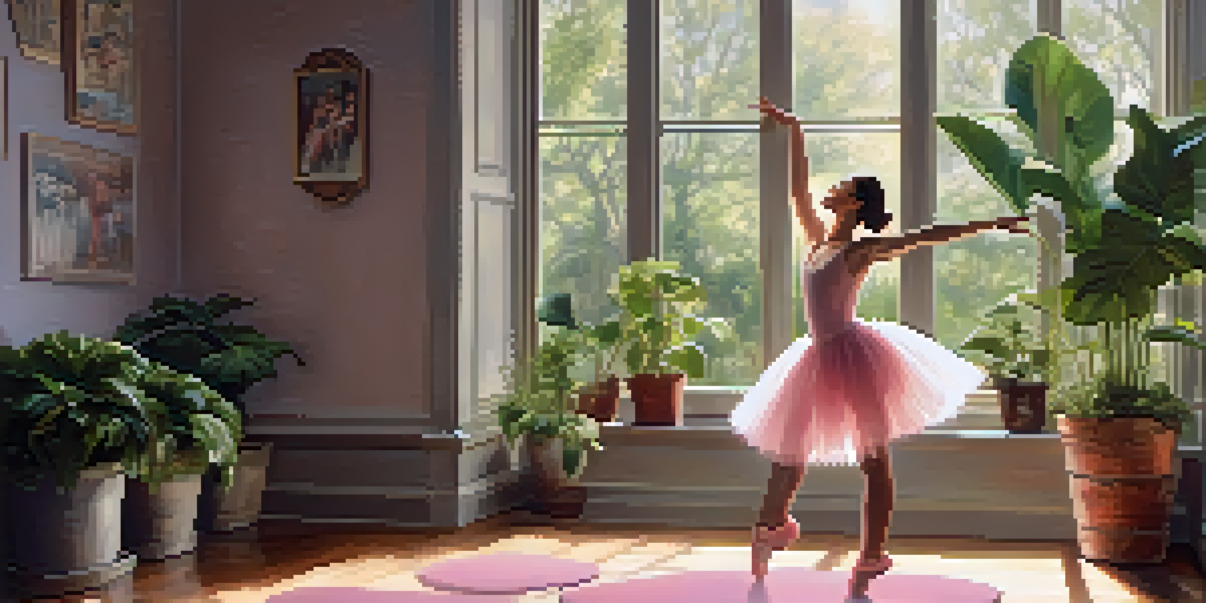 A dancer practicing ballet in a warmly lit room with wooden floors and large windows, wearing a pink tutu and ballet slippers, stretching her arms gracefully.