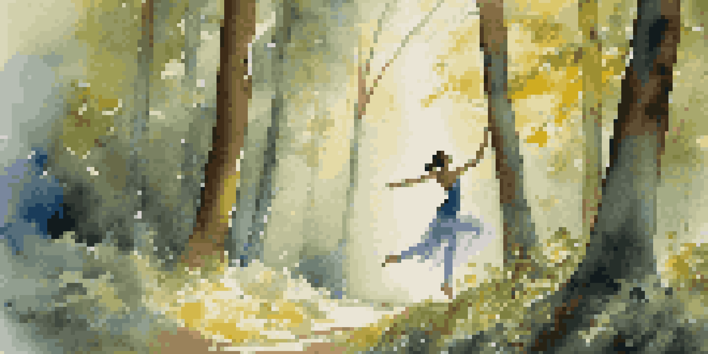 A dancer performing in a sunlit forest, surrounded by tall trees and colorful wildflowers.