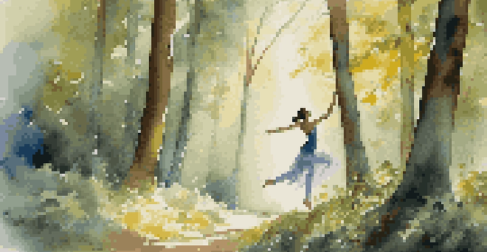 A dancer performing in a sunlit forest, surrounded by tall trees and colorful wildflowers.