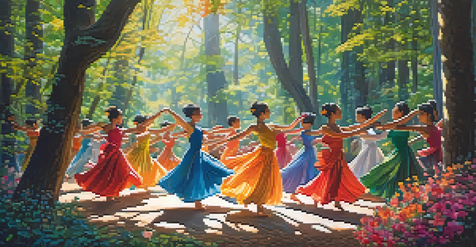 A group of dancers in nature, performing gracefully amidst trees and flowers, dressed in costumes that blend with the environment.