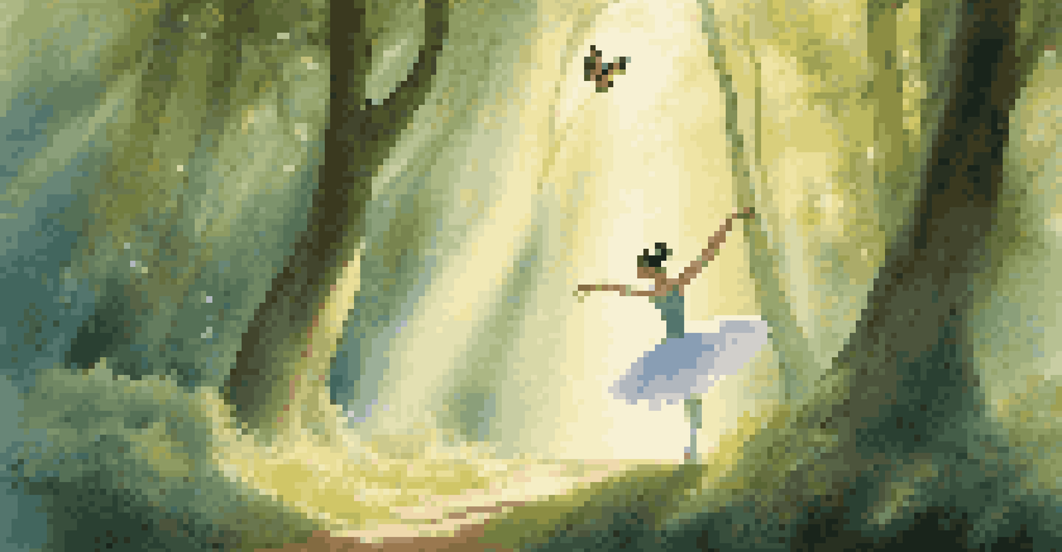 An animated character performing ballet in a tranquil forest with sunlight filtering through the trees.