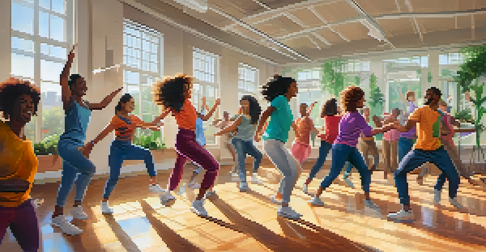 A lively dance workshop with diverse team members dancing joyfully together, illuminated by natural light.