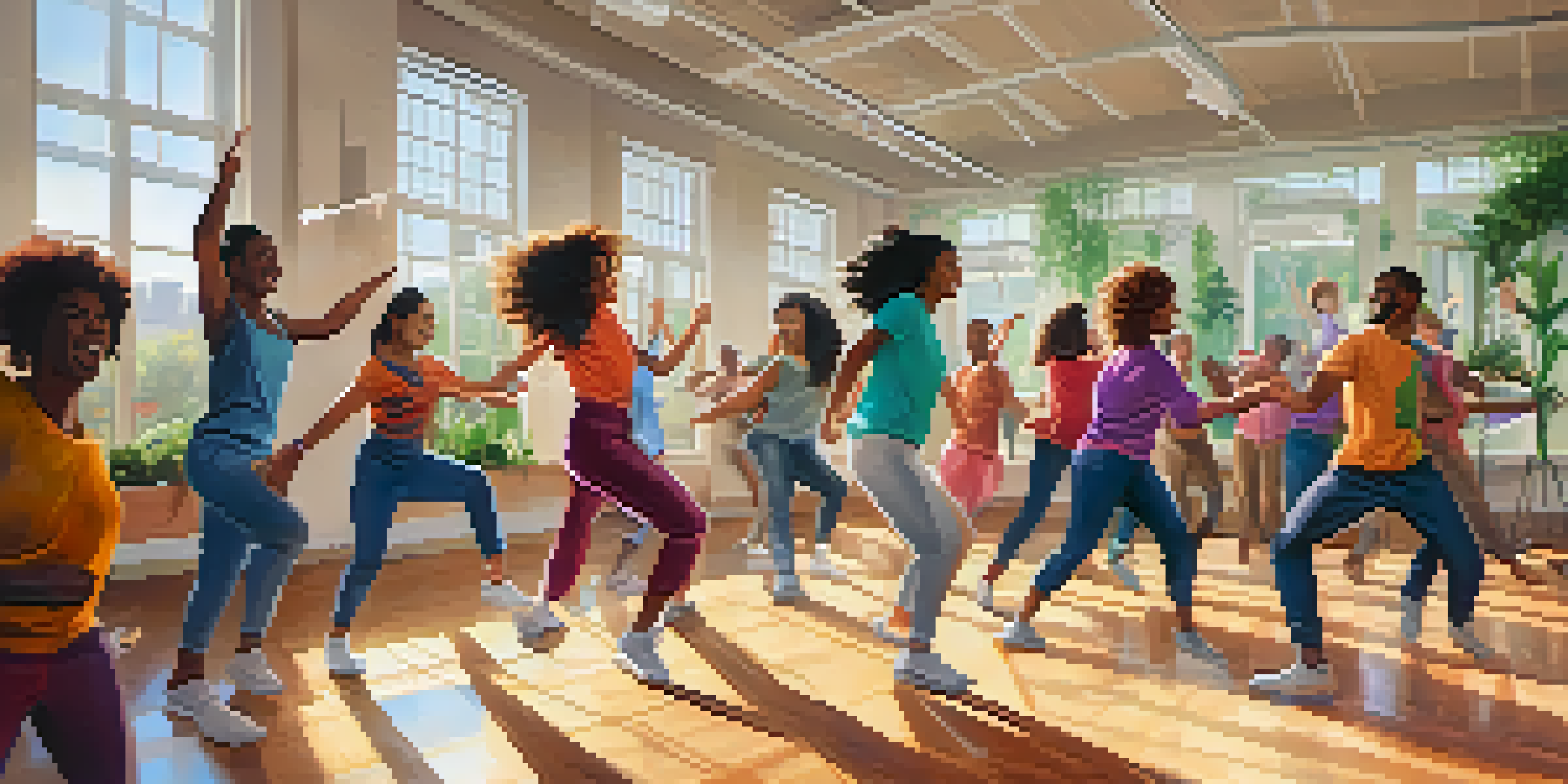A lively dance workshop with diverse team members dancing joyfully together, illuminated by natural light.