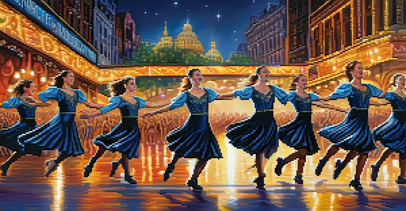A Riverdance performance capturing dancers in action with joyful expressions, colorful stage lights, and a live band in the background.